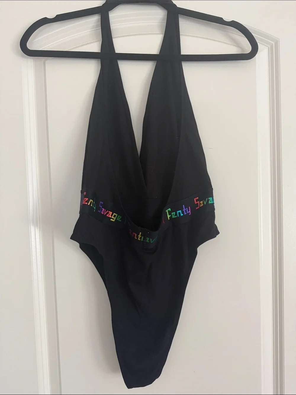 Savage X Fenty Black Halter One-Piece with Rainbow Logo Band